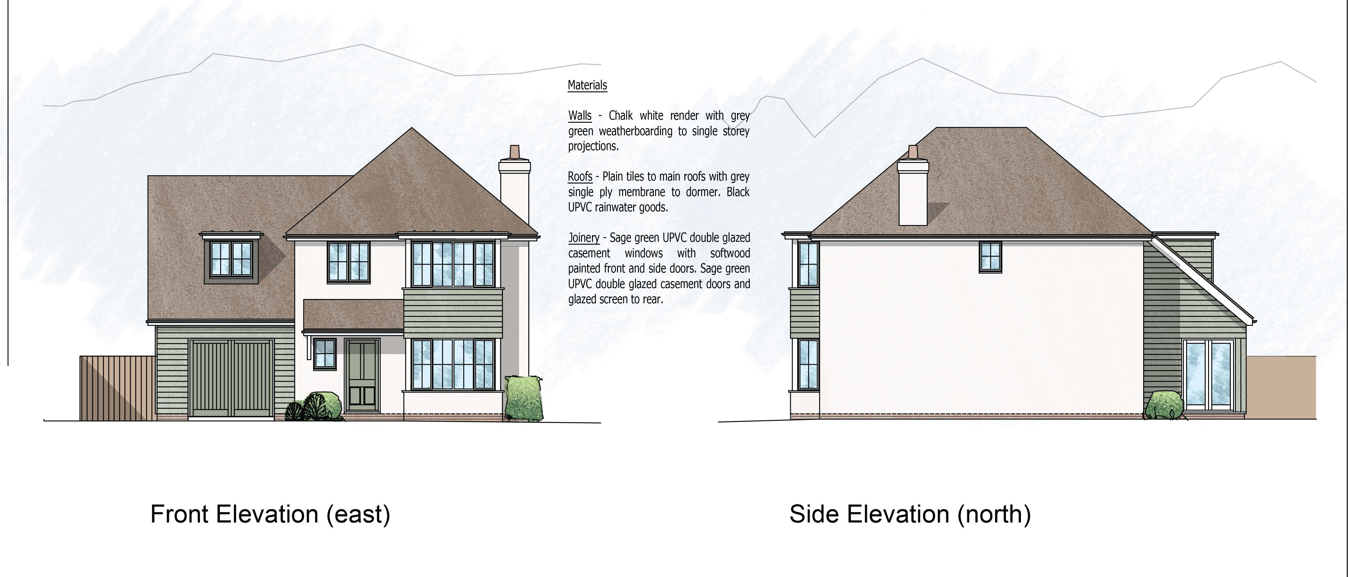 Lot: 67 - FREEHOLD SITE WITH PLANNING FOR FOUR-BEDROOM DETACHED HOUSE WITH GARAGE - Proposed Front and Side Elevation